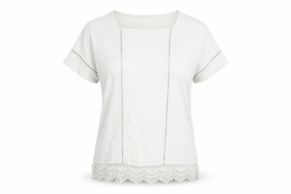 Front view of Laura Ashley Ivory Blouse, size 8, Short Sleeve, Crochet Accent