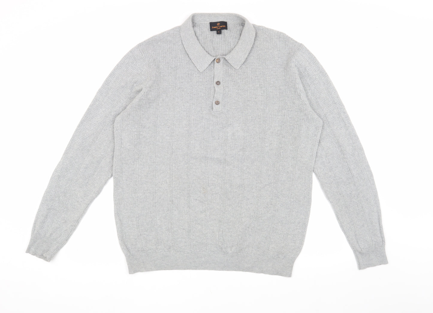 Simon Carter Men's Grey Long Sleeve Polo Shirt L