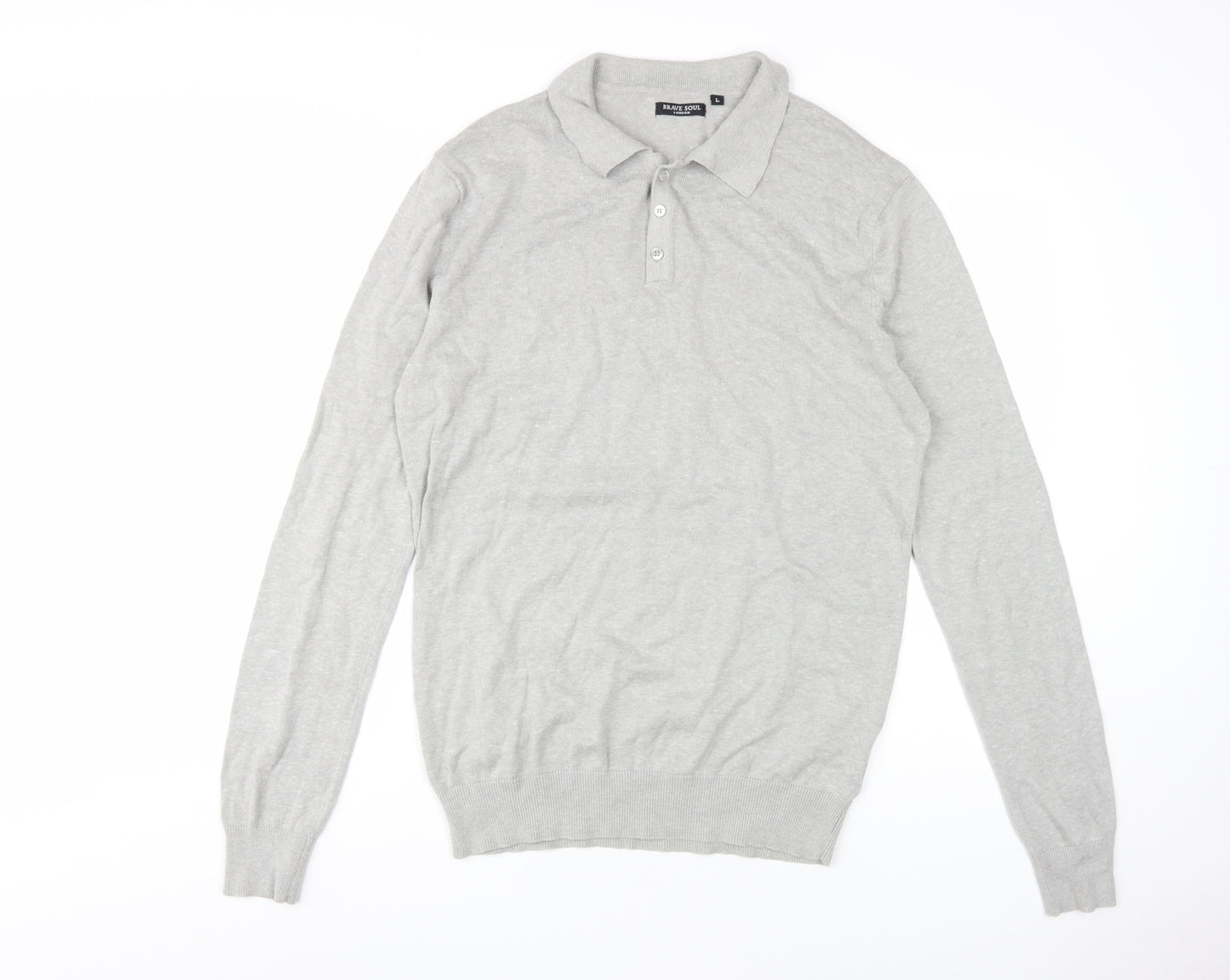 Brave Soul Men's Grey Long Sleeve Polo L