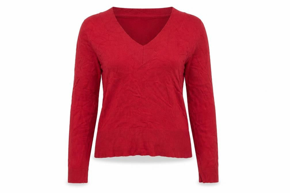Front view of Kew Women’s Red V-Neck jumper, size M