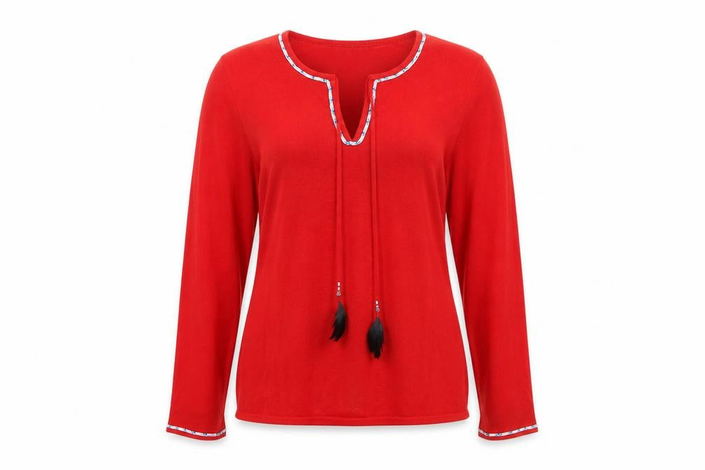 Front view of Oasis Women's Red Tunic, size 14, with Tasselled Accents