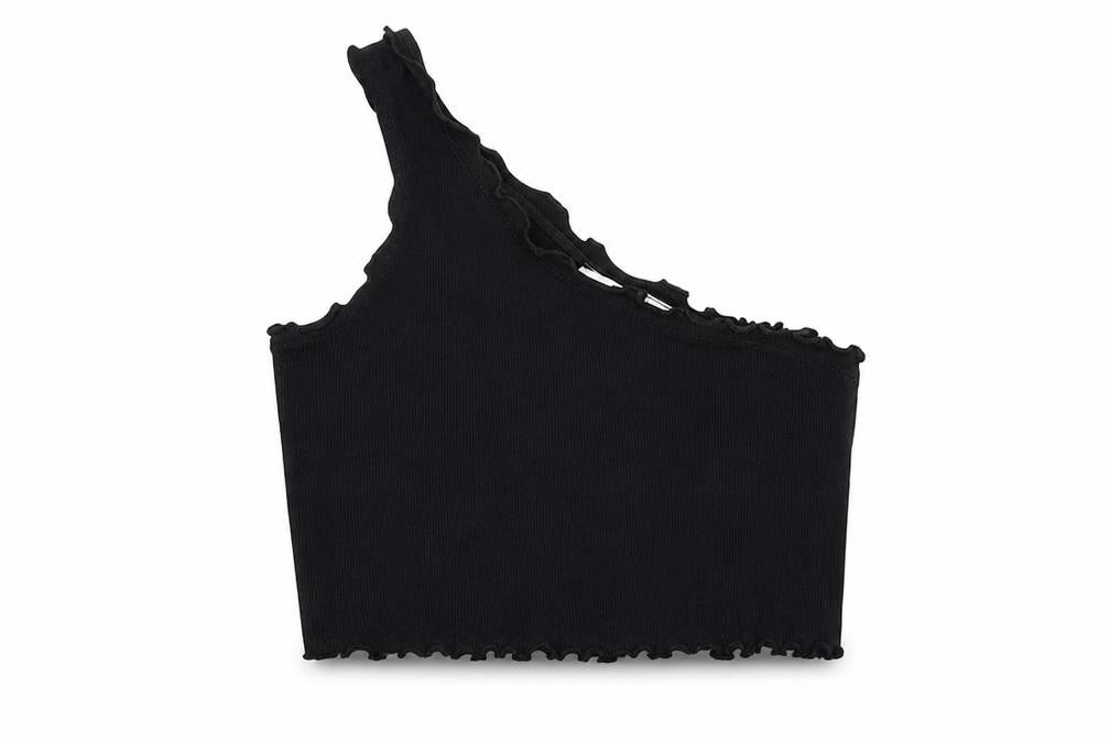Front view of Collusion Women's Black Cropped One Shoulder Tank