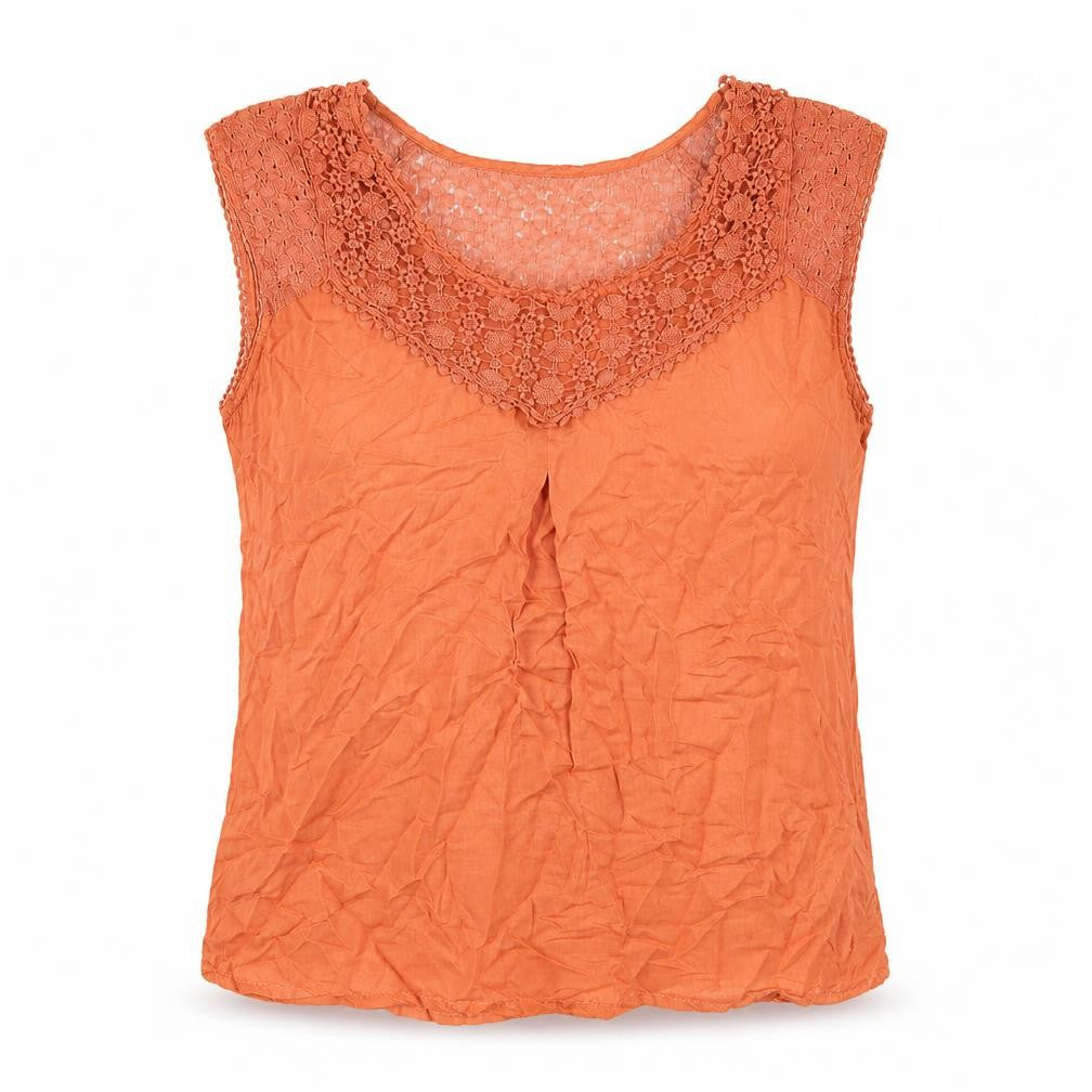 Front view of Klass Women's Orange Sleeveless Crochet Blouse
