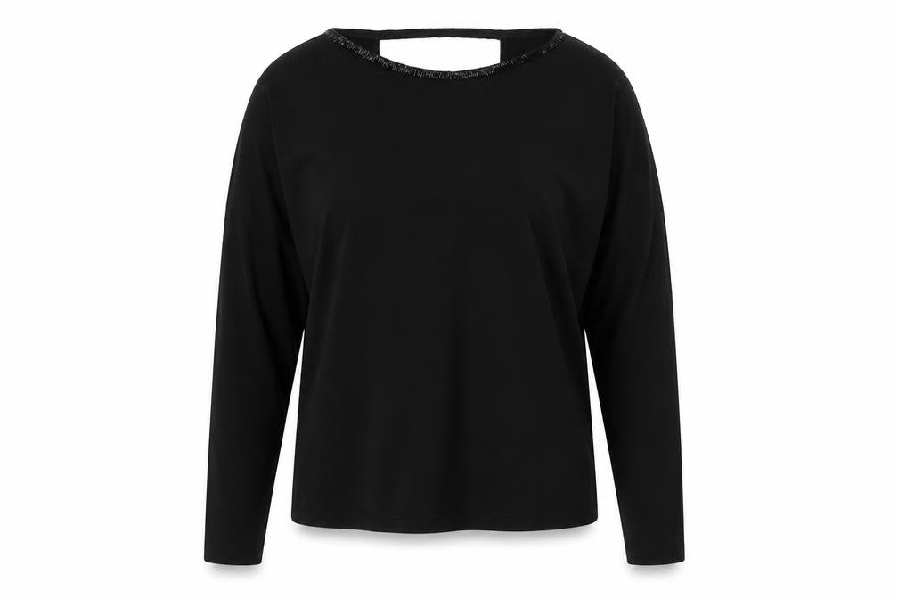 Front view of Religion Women's Black Beaded Wrap Blouse, size S