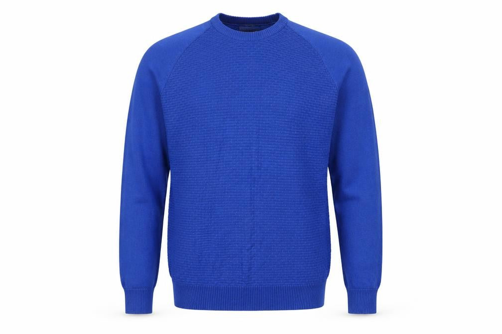 Front view of Haworth Men's Medium Blue Pullover Cotton Jumper