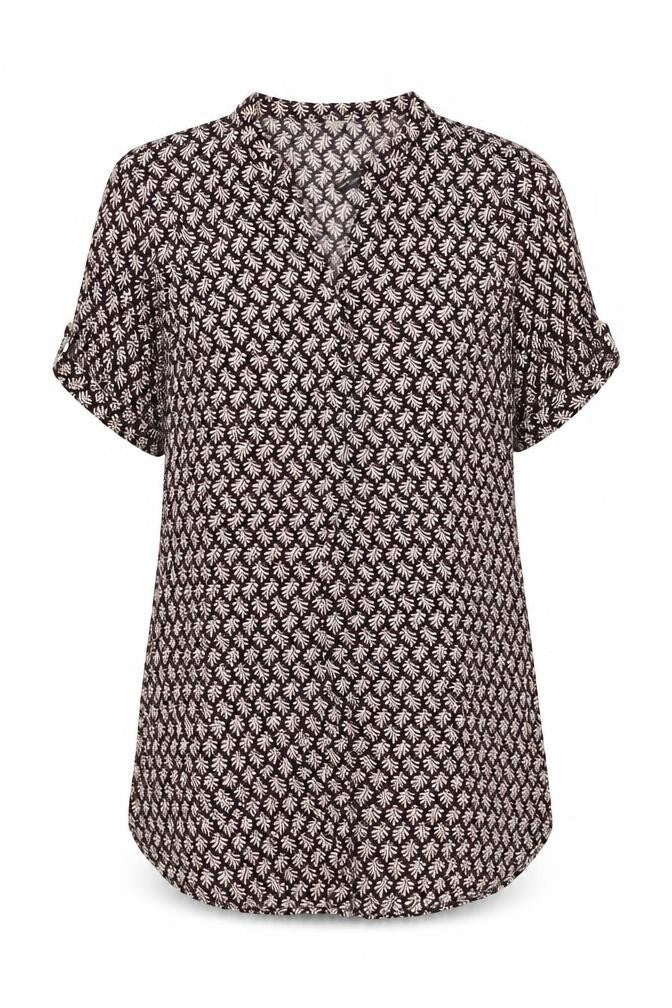 Front view of H&M Women's Geometric Black Blouse, size 8, Viscose