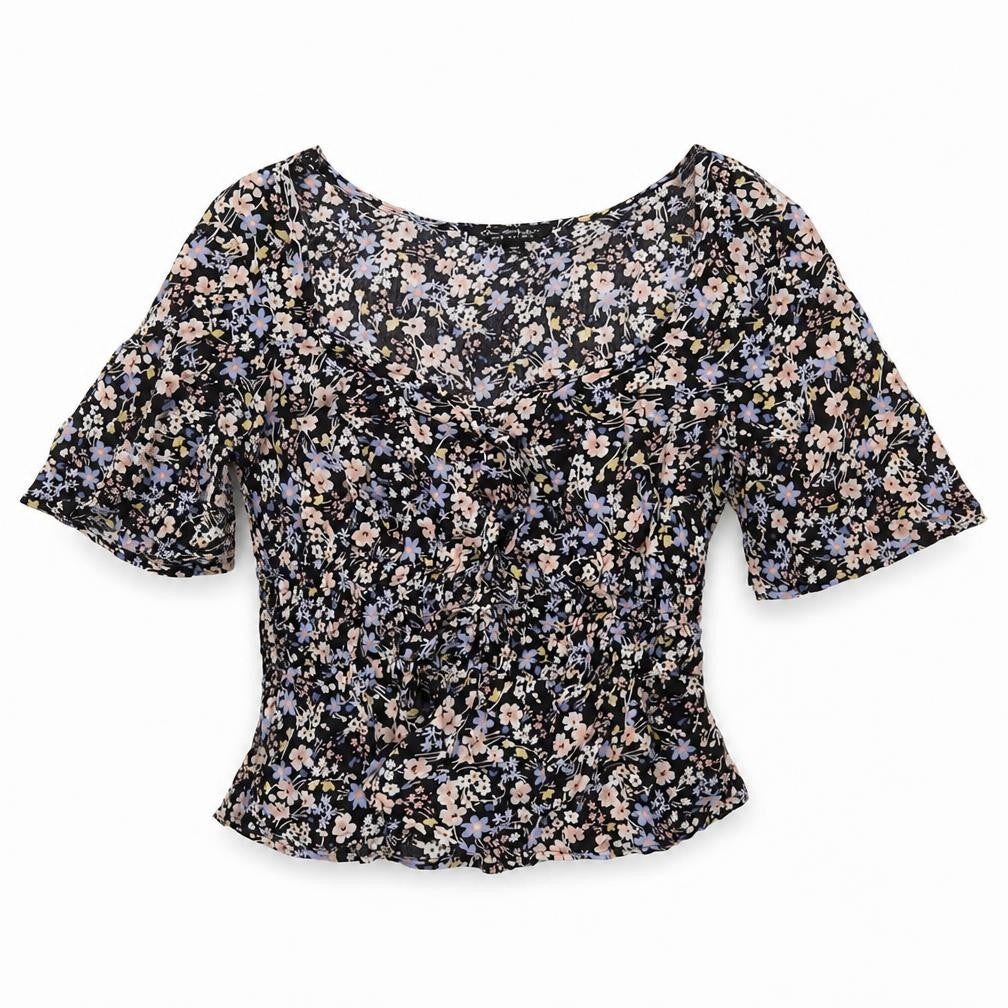 Front view of Miss Selfridge Women's Floral Cropped Blouse, size 10