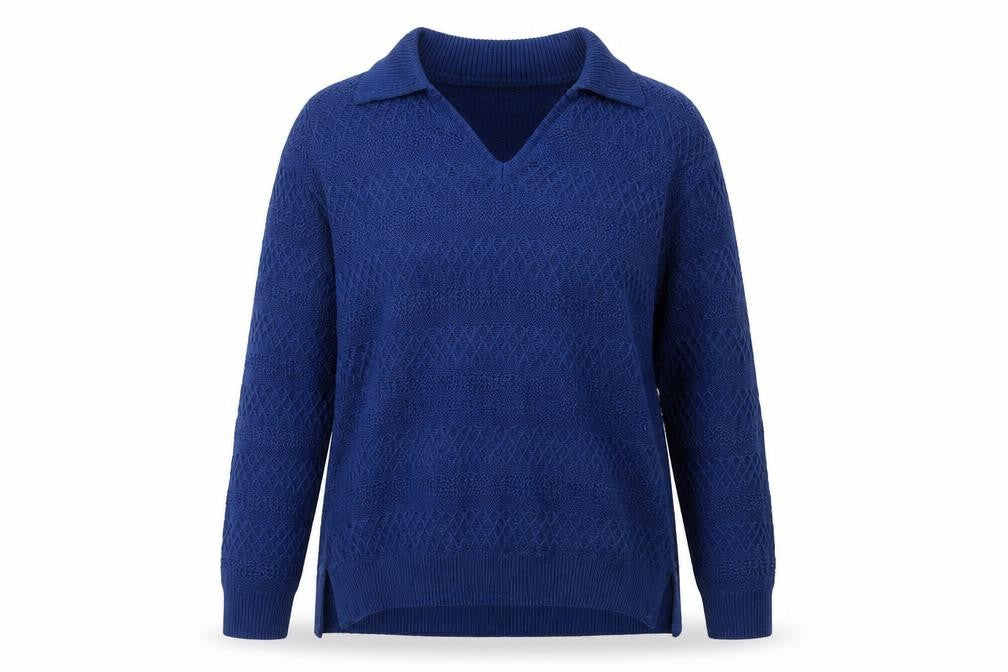 Front view of Isle Essentials Women's Blue V-Neck jumper, size 14