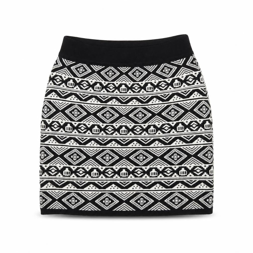 Front view of Apricot Women's Black Geometric Knee Length Skirt