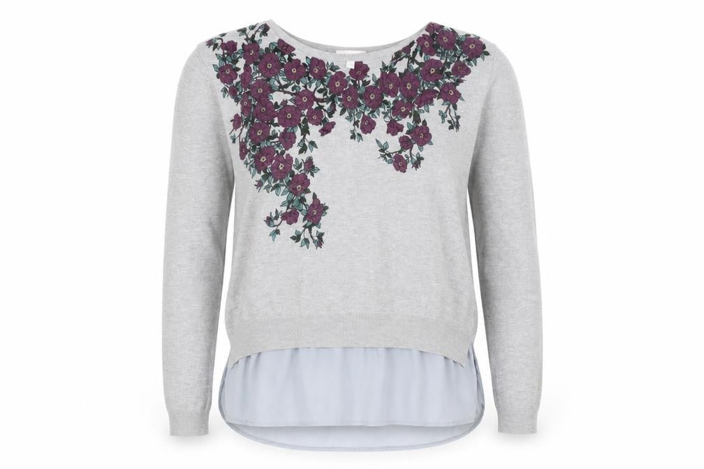Front view of Apricot Women's Grey Floral Embroidered Pullover, size 12