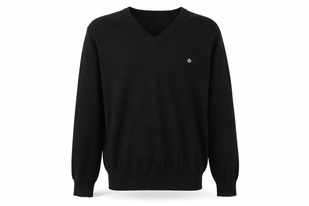 Front view of Vintage King Men's Black V-Neck jumper L