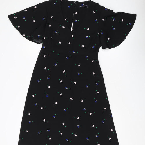 Marks and Spencer Women's Black Floral A-Line Dress, Size 8