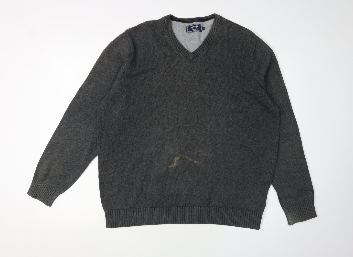 Maine New England Men's Grey V-Neck Pullover Jumper L