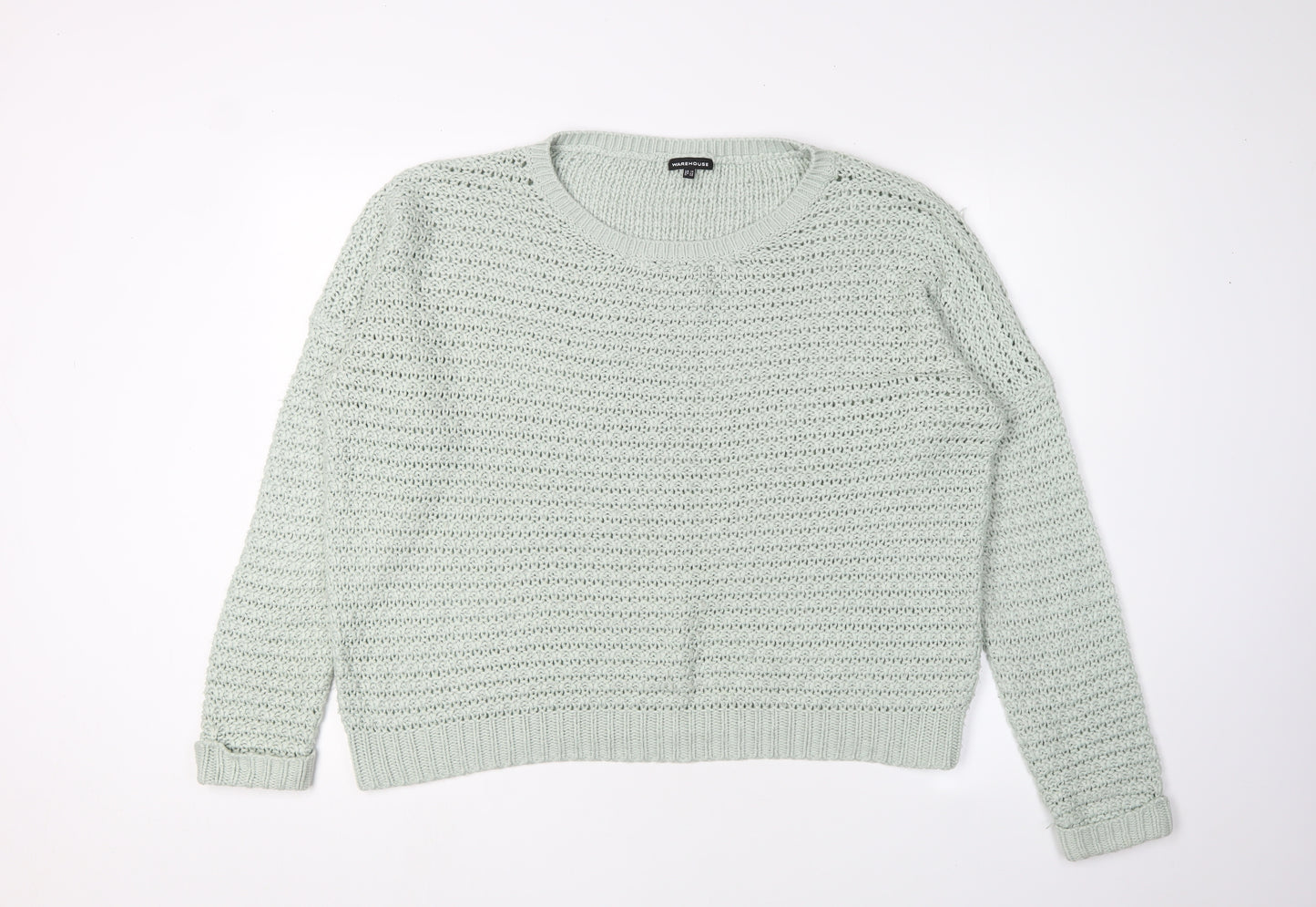 Warehouse Women's Green Open-Knit Pullover, Size 14