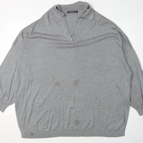 Threadbare Women's Grey Chunky-Knit V-Neck Jumper XL
