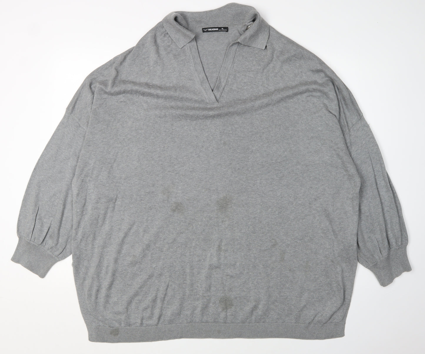 Threadbare Women's Grey Chunky-Knit V-Neck Jumper XL