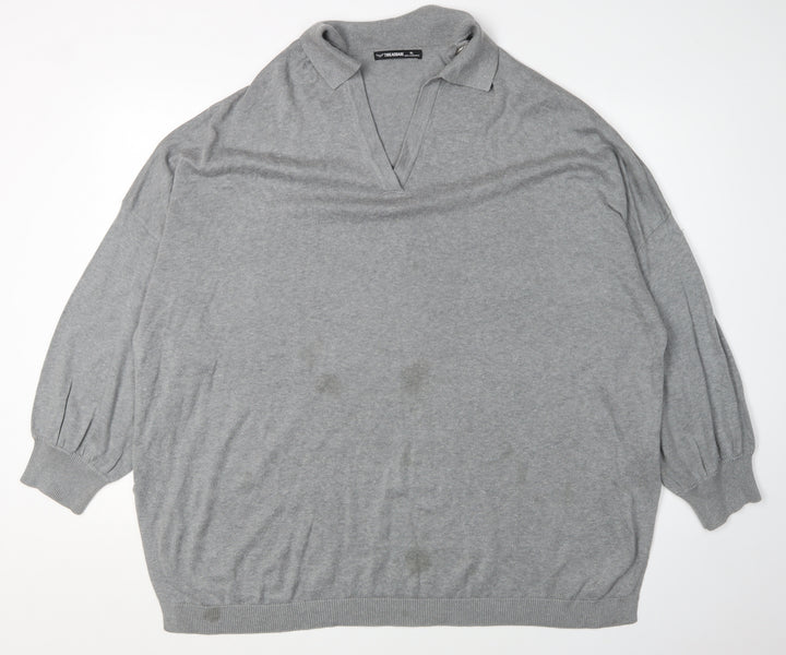 Threadbare Women's Grey Chunky-Knit V-Neck Jumper XL
