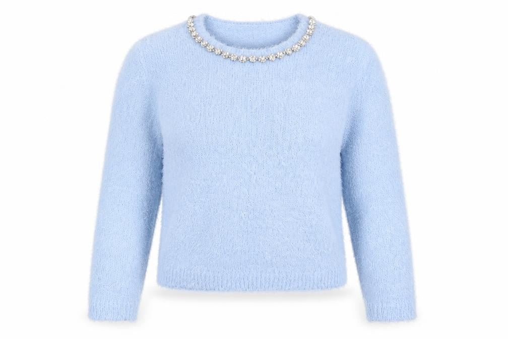 Front view of Lottie Loves Women's Blue Jewel Neck jumper, size 16
