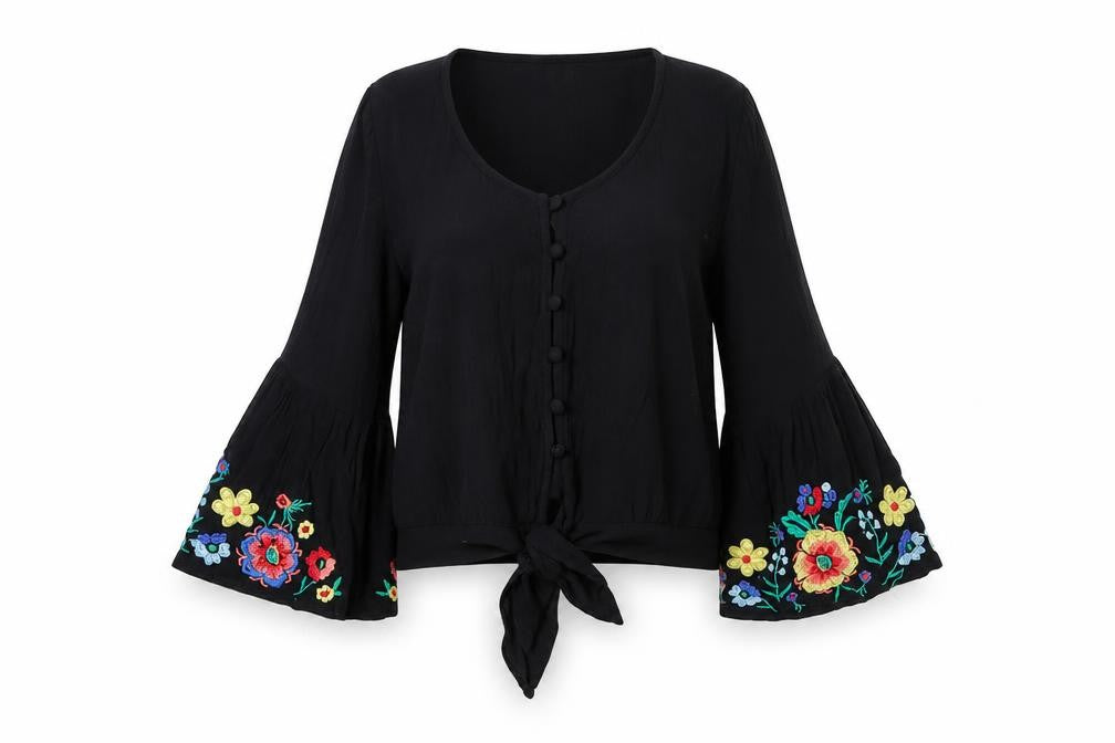 Hollister Women's Black Embroidered Bohemian Blouse, S