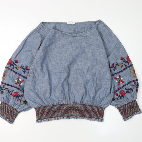 GAP Women's Blue Embroidered Tunic Blouse, XS, Cotton
