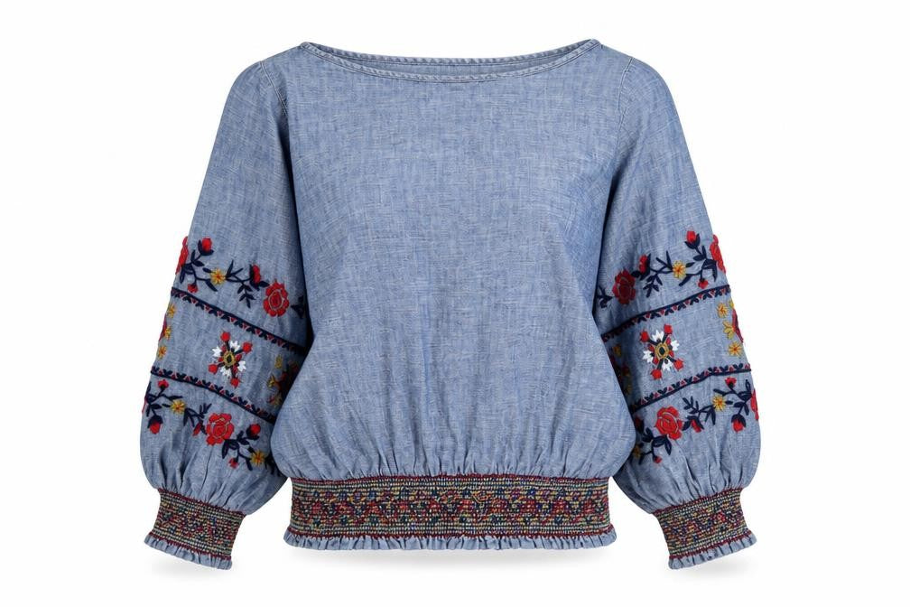 Front view of Gap Women's Blue Embroidered Tunic Blouse, XS, Cotton