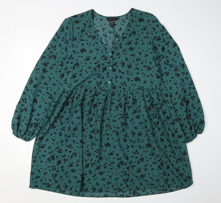 New Look Women's Green A-Line Floral Dress UK 12