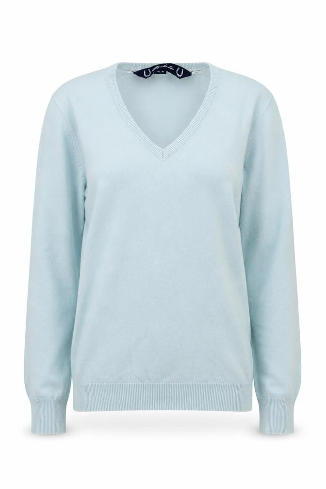 Front view of Rydale Women's Blue V-Neck Cotton jumper