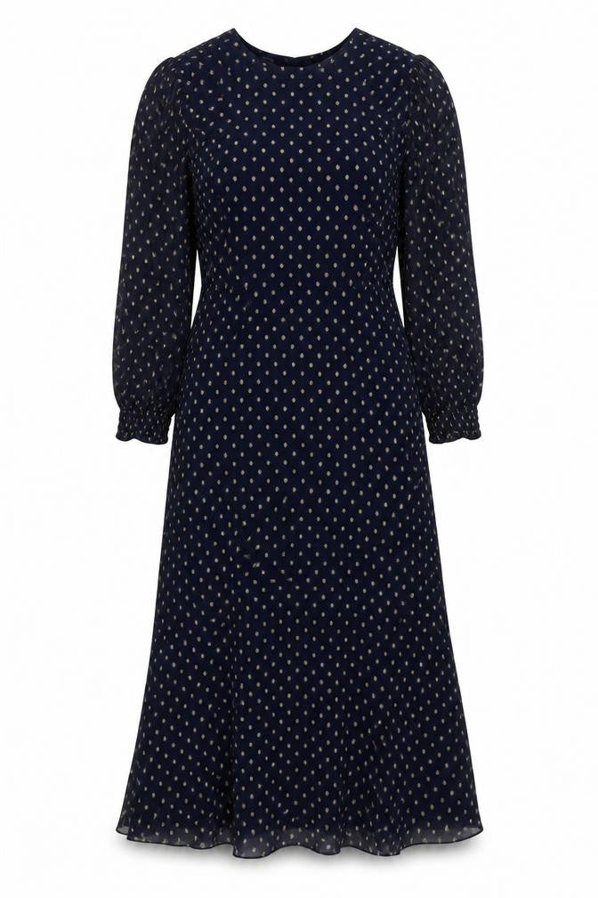 Front view of Mint Velvet Blue Polka Dot Midi Dress, size 6