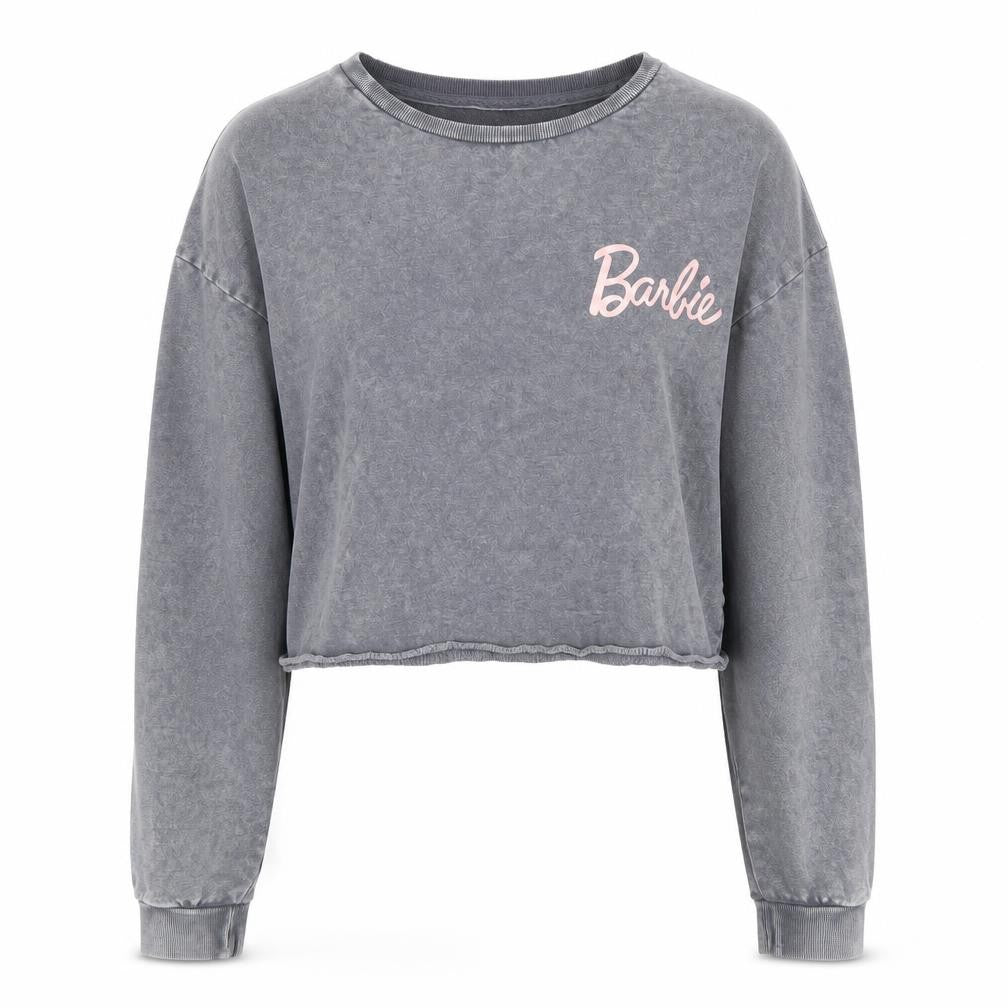 Front view of Barbie Women’s Grey Pullover Sweatshirt, size XS
