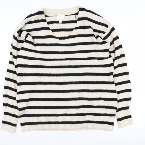 H&M Women's Black Beige Striped Jumper, Size S, V-Neck