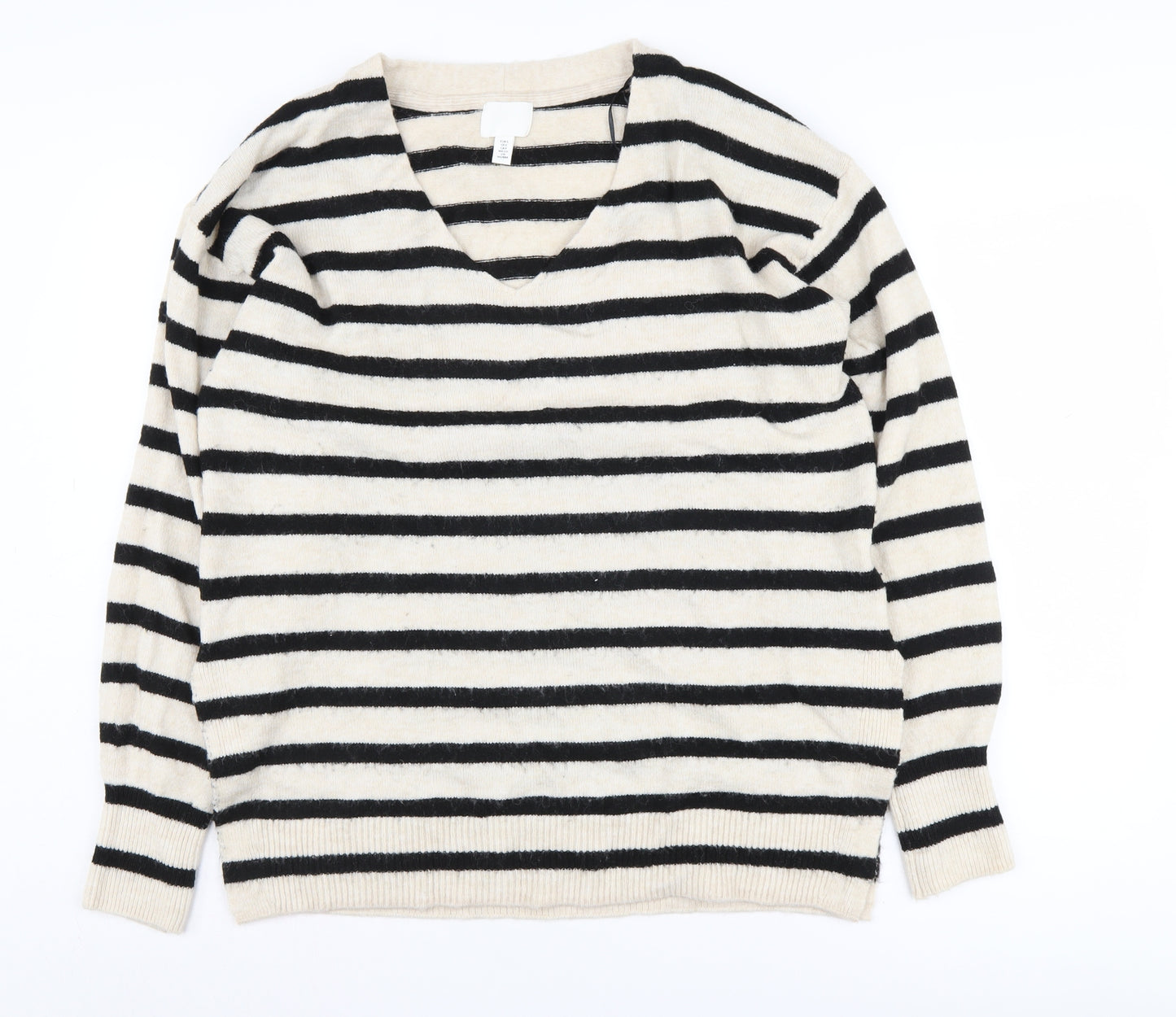 H&M Women's Black Beige Striped Jumper, Size S, V-Neck