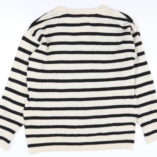 H&M Women's Black Beige Striped Jumper, Size S, V-Neck
