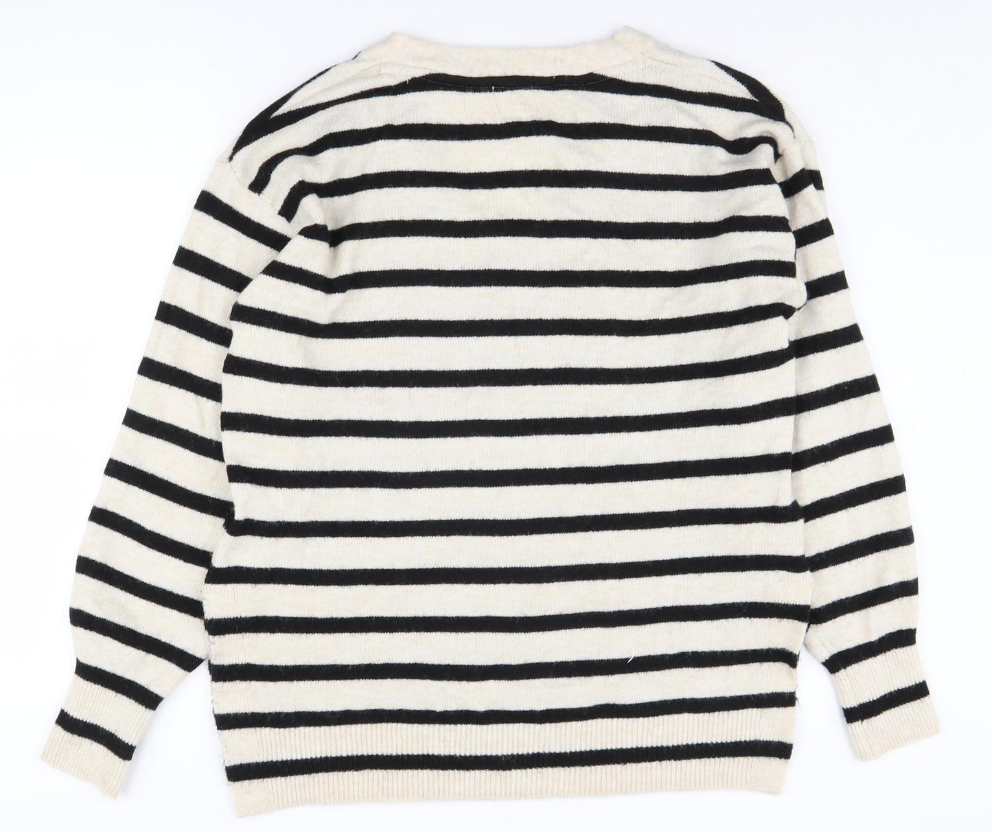 H&M Women's Black Beige Striped Jumper, Size S, V-Neck