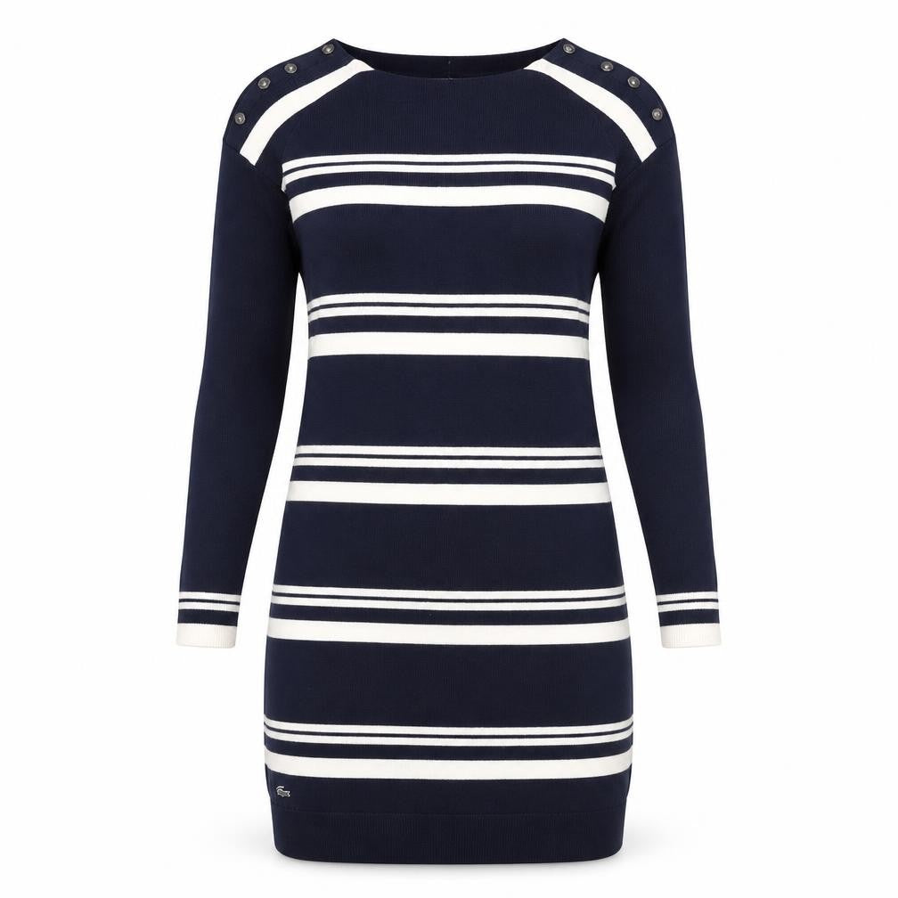 Front view of Lacoste Women's Blue Striped Wool Jumper Dress, size 8