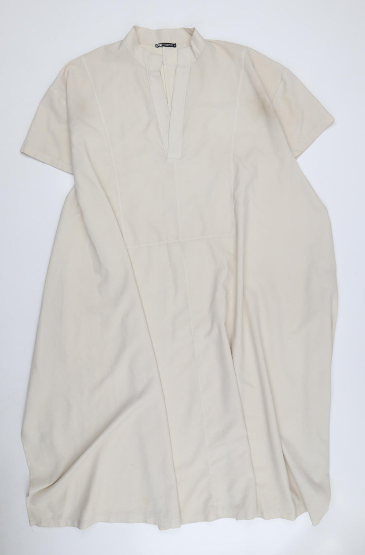 ZARA Women Beige Midi Shift Dress XS, Casual Spring