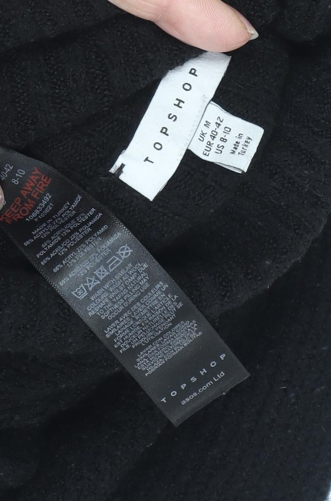 Topshop Women's Black Roll Neck T-Shirt Dress Size M