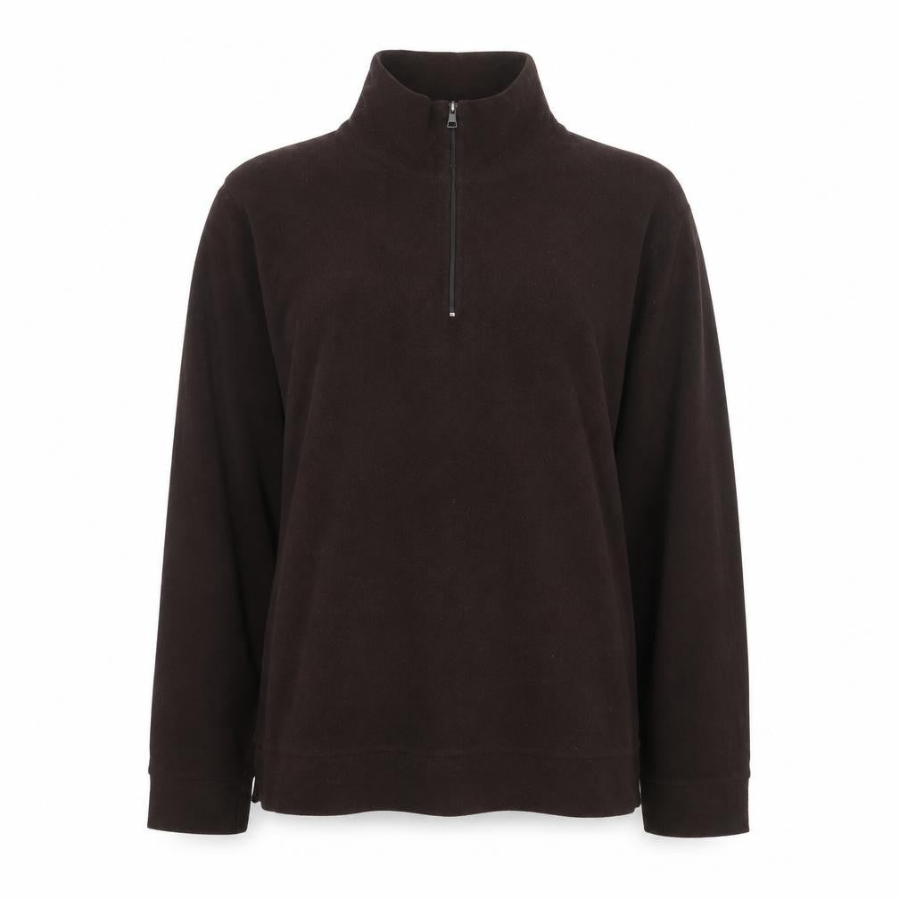 Front view of HEATTECH Brown unisex pullover sweatshirt, size 10, zip accents