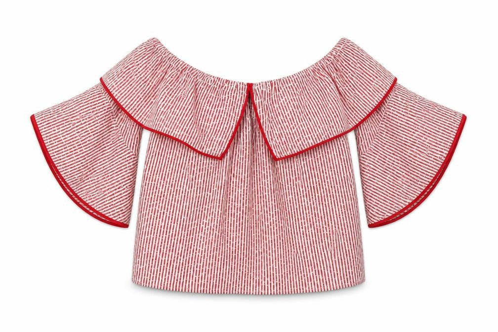 Front view of Zara Women Red Stripe Off Shoulder Blouse, size 6