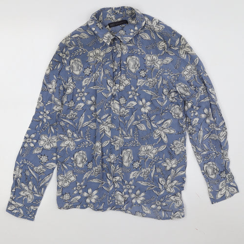 Marks and Spencer Women's Floral Blue Button-Up Shirt