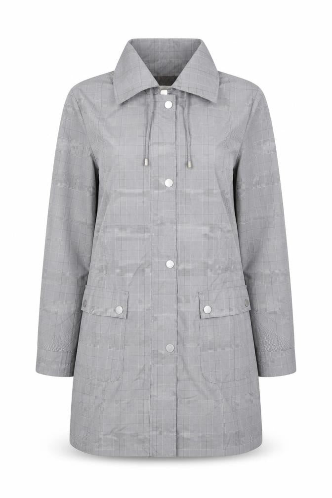 Front view of Lakeland Women's Grey Mid-Length Rain Coat, size 12