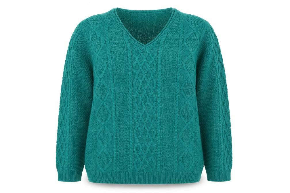 Front view of ISLE Women's Green Cable-Knit jumper, S
