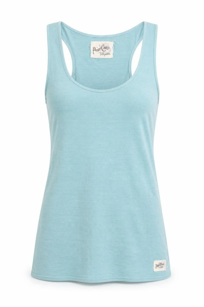 Front view of Post Card Women's Blue Tank Top, Sleeveless, size 1