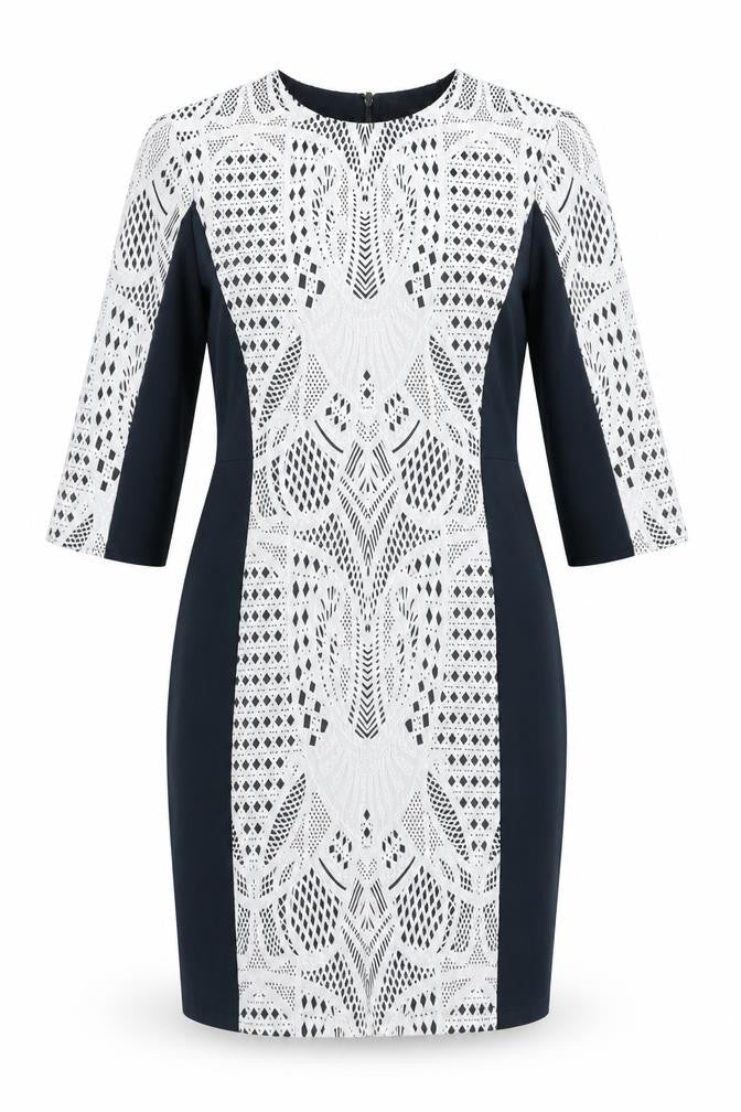 Front view of Warehouse Women's Black & White Sheath Dress UK 14