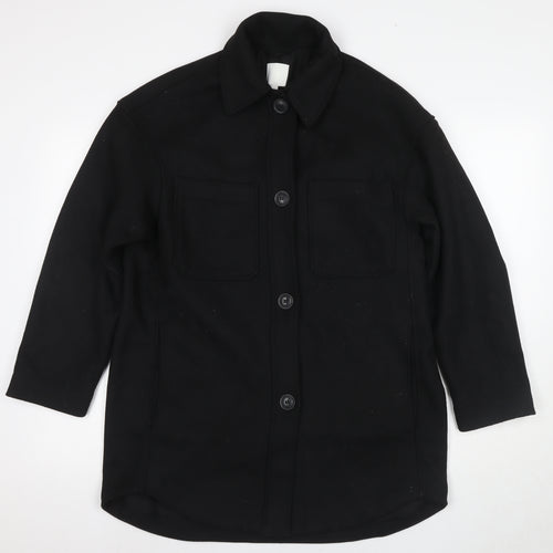 H&M Men's Black Wool Coat, 2XS, Mid-Length, Collared