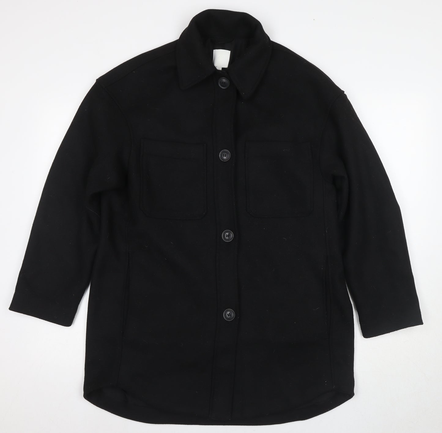 H&M Men's Black Wool Coat, 2XS, Mid-Length, Collared