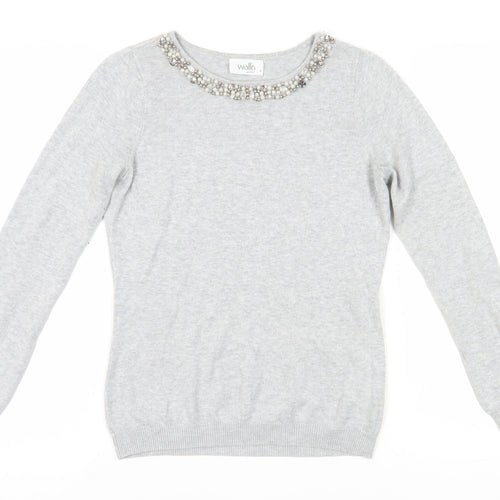 Wallis Petite Grey Beaded Crew Neck Women's Jumper Size 8
