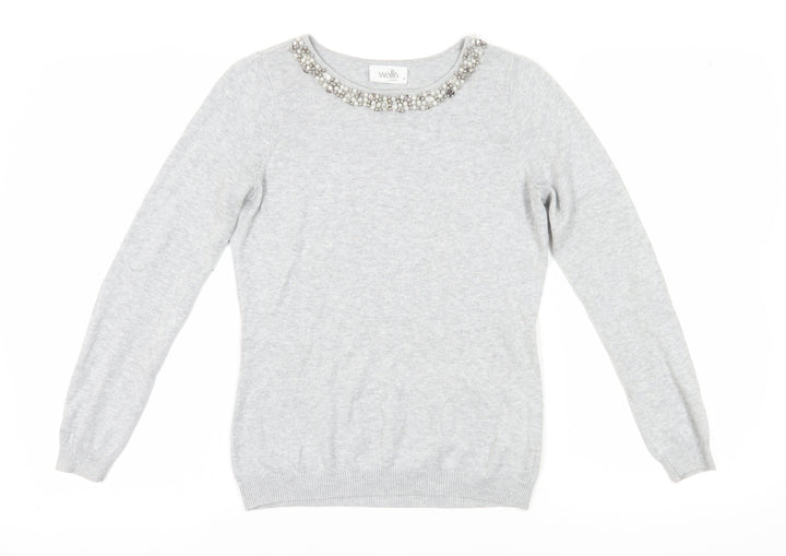 Wallis Petite Grey Beaded Crew Neck Women's Jumper Size 8