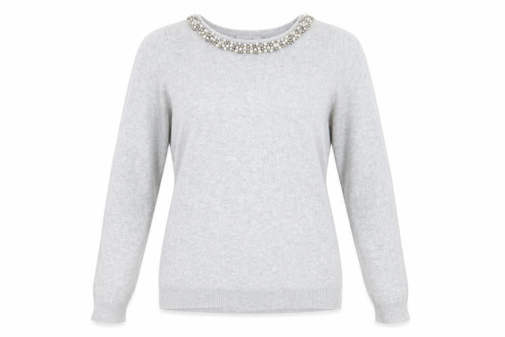 Front view of Wallis Petite Grey Beaded Crew Neck Women's Jumper, size 8