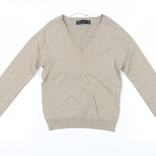 ZARA Women's Beige V-Neck Cotton Blend Jumper S