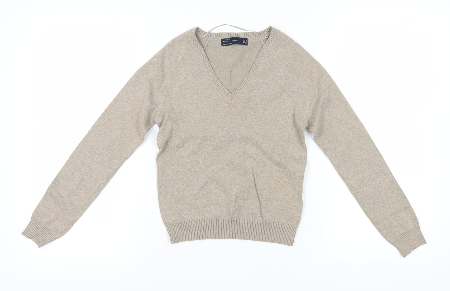ZARA Women's Beige V-Neck Cotton Blend Jumper S